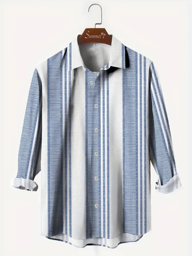 3D digital printing striped men's casual long-sleeved cotton and linen shirt