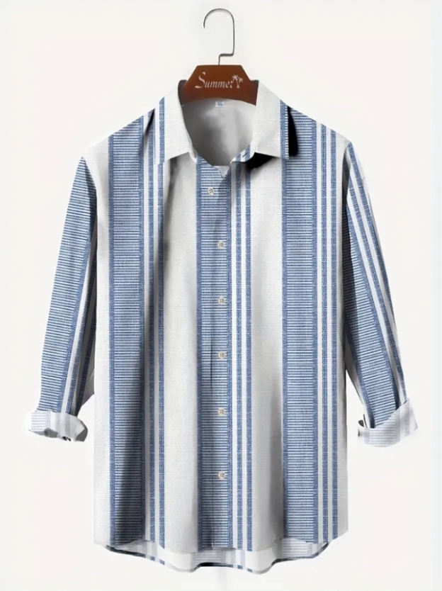 3D digital printing striped men's casual long-sleeved cotton and linen shirt