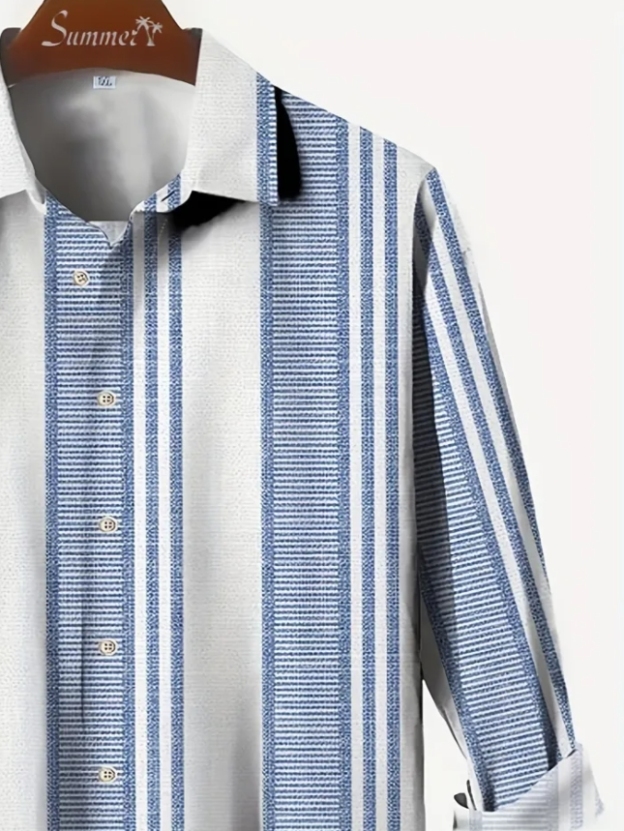 3D digital printing striped men's casual long-sleeved cotton and linen shirt