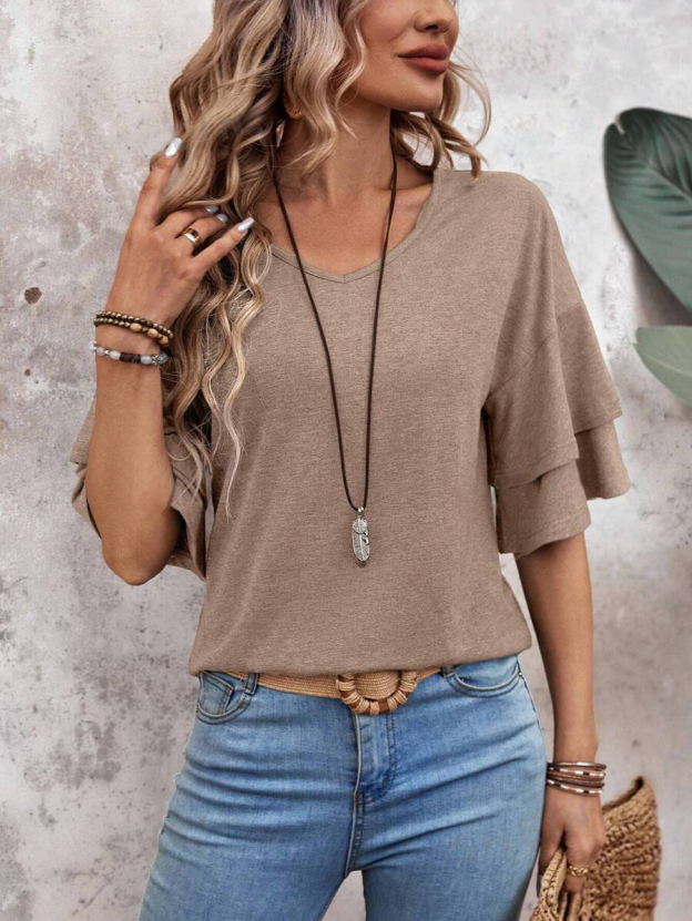 summer solid-color V-neck double-layer sleeve loose short-sleeve T-shirt