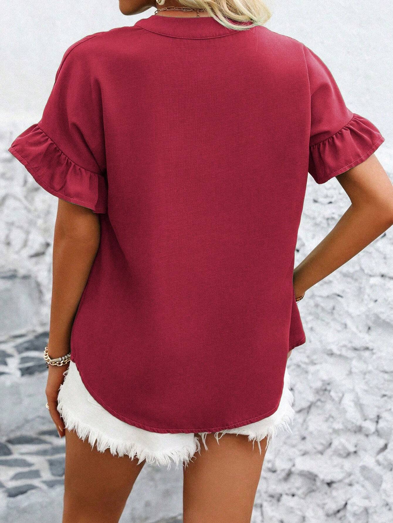 Casual short-sleeved gathered buttoned solid-color cotton-linen stand-collar shirt