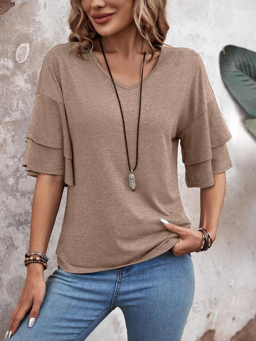 summer solid-color V-neck double-layer sleeve loose short-sleeve T-shirt