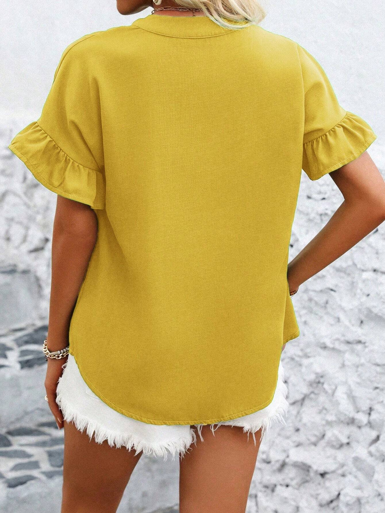 Casual short-sleeved gathered buttoned solid-color cotton-linen stand-collar shirt