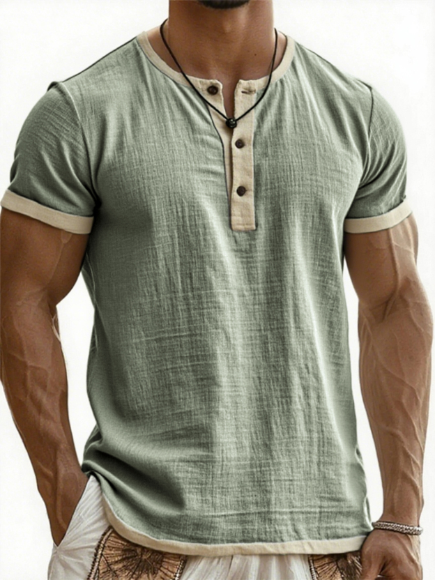 Men's Breathable Linen Contrast Pleated Resort Henley Top