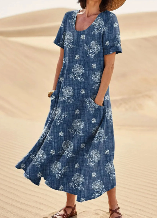 Women's Short-Sleeved Printed Long Dress