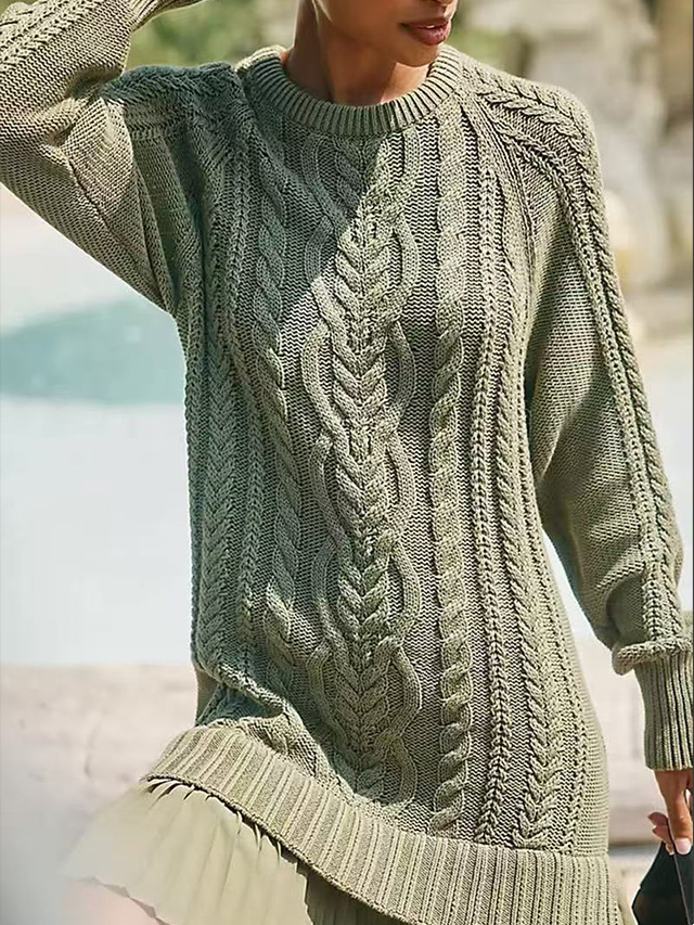 Women Crewneck Cable Knit Sweater Mini Dress