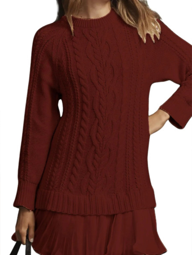 Women Crewneck Cable Knit Sweater Mini Dress