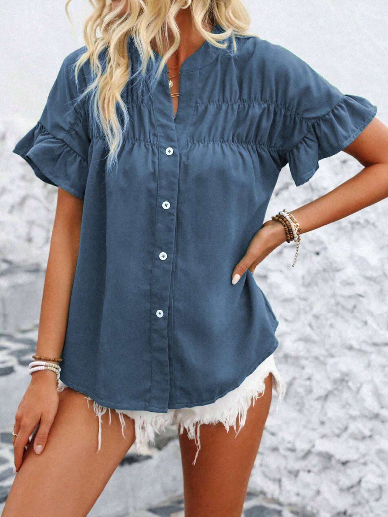 Casual short-sleeved gathered buttoned solid-color cotton-linen stand-collar shirt