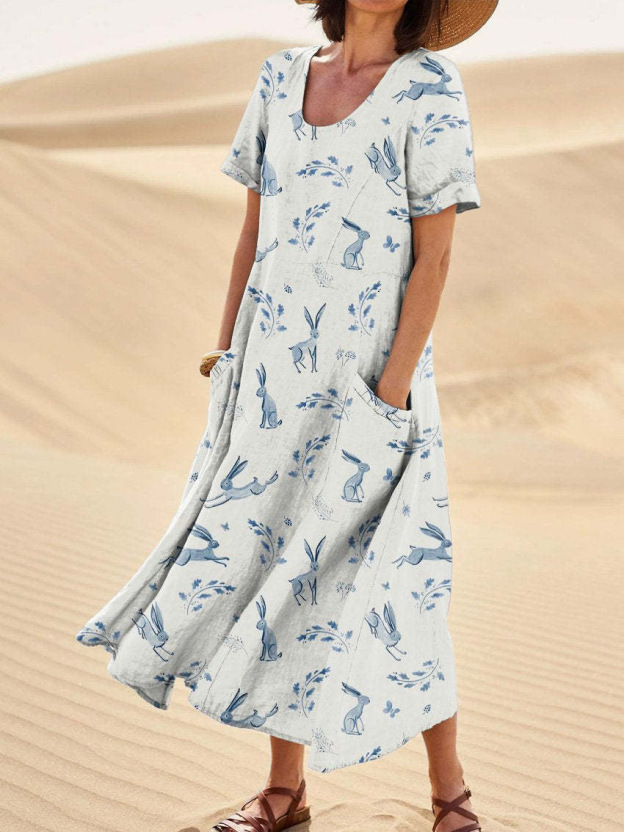 Women's Short-Sleeved Printed Long Dress
