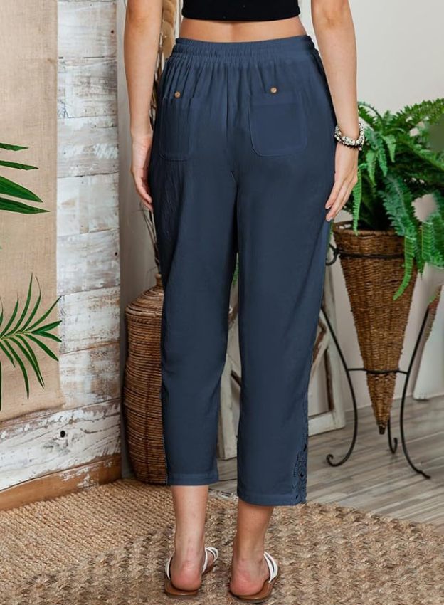 Fashionable Lace Paneled High-Waist Drawstring Pocket Buttoned Cropped Pants