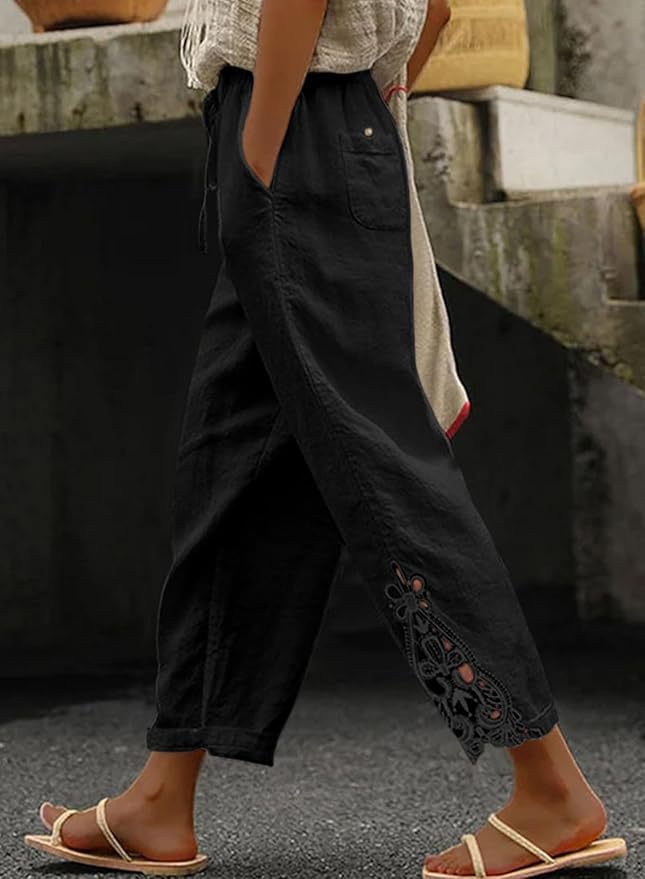 Fashionable Lace Paneled High-Waist Drawstring Pocket Buttoned Cropped Pants