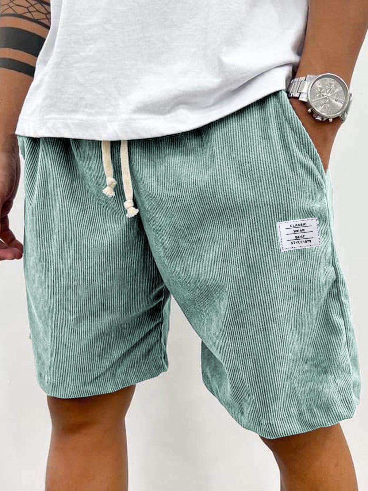 Men's Stylish Corduroy Simple Embroidered Logo Casual Lace-up Loose Shorts