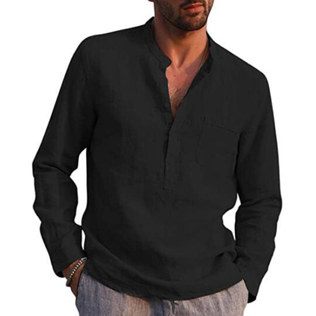 Men's Cotton Linen Summer Solid Color Stand-Up Collar Long-Sleeved Shi