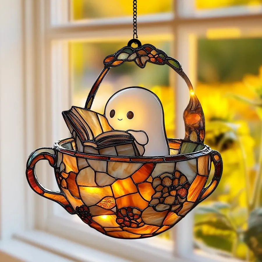 👻📚Ghost Reading Book Suncatcher Hanging Decor