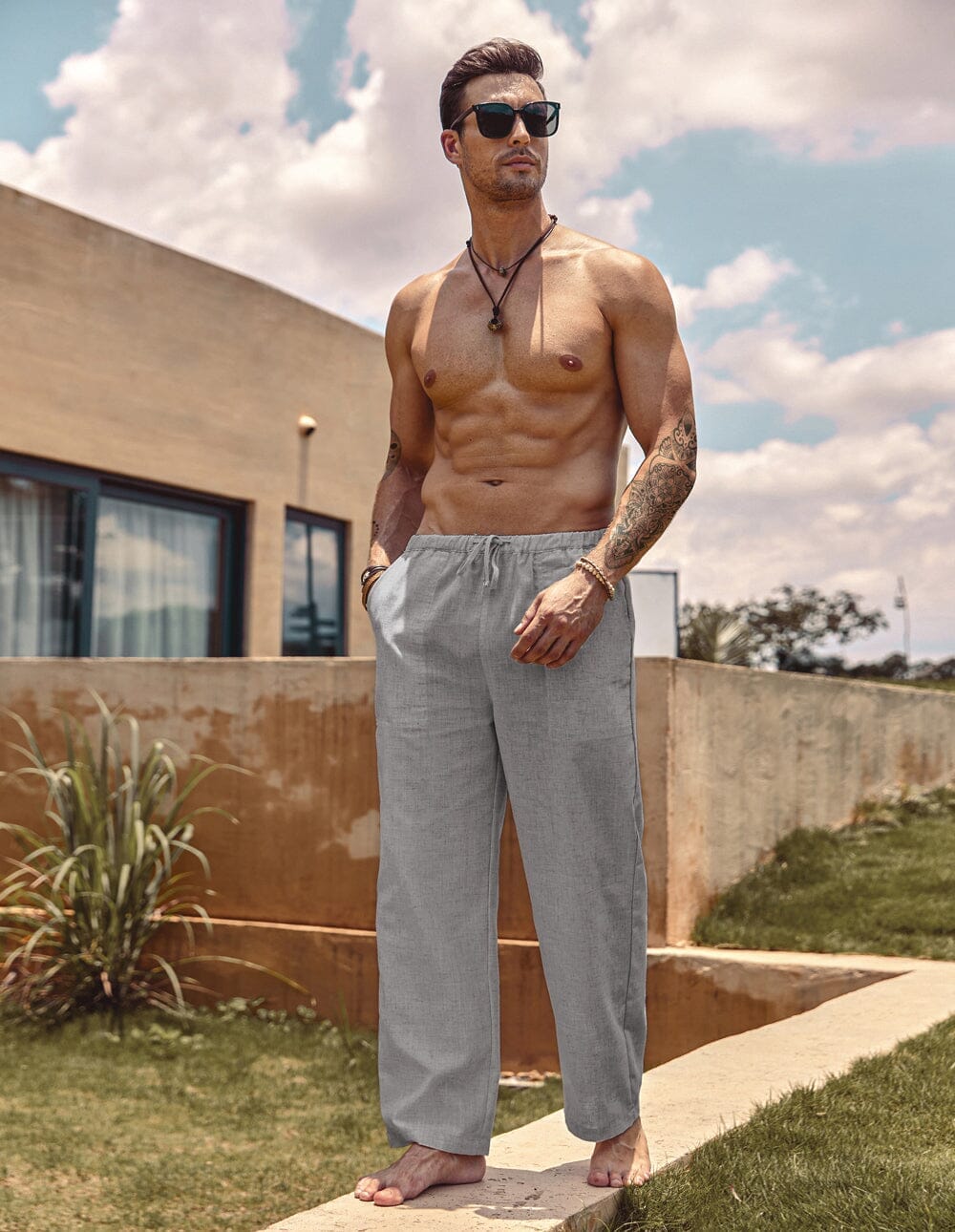 Linen Style Elastic Waist Yoga Pants 