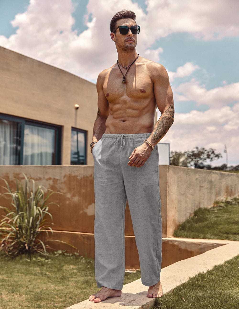 Linen Style Elastic Waist Yoga Pants 