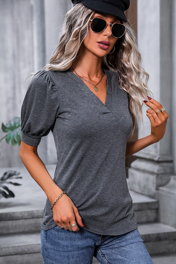 Puff Sleeve Solid Color V Neck Casual Tops