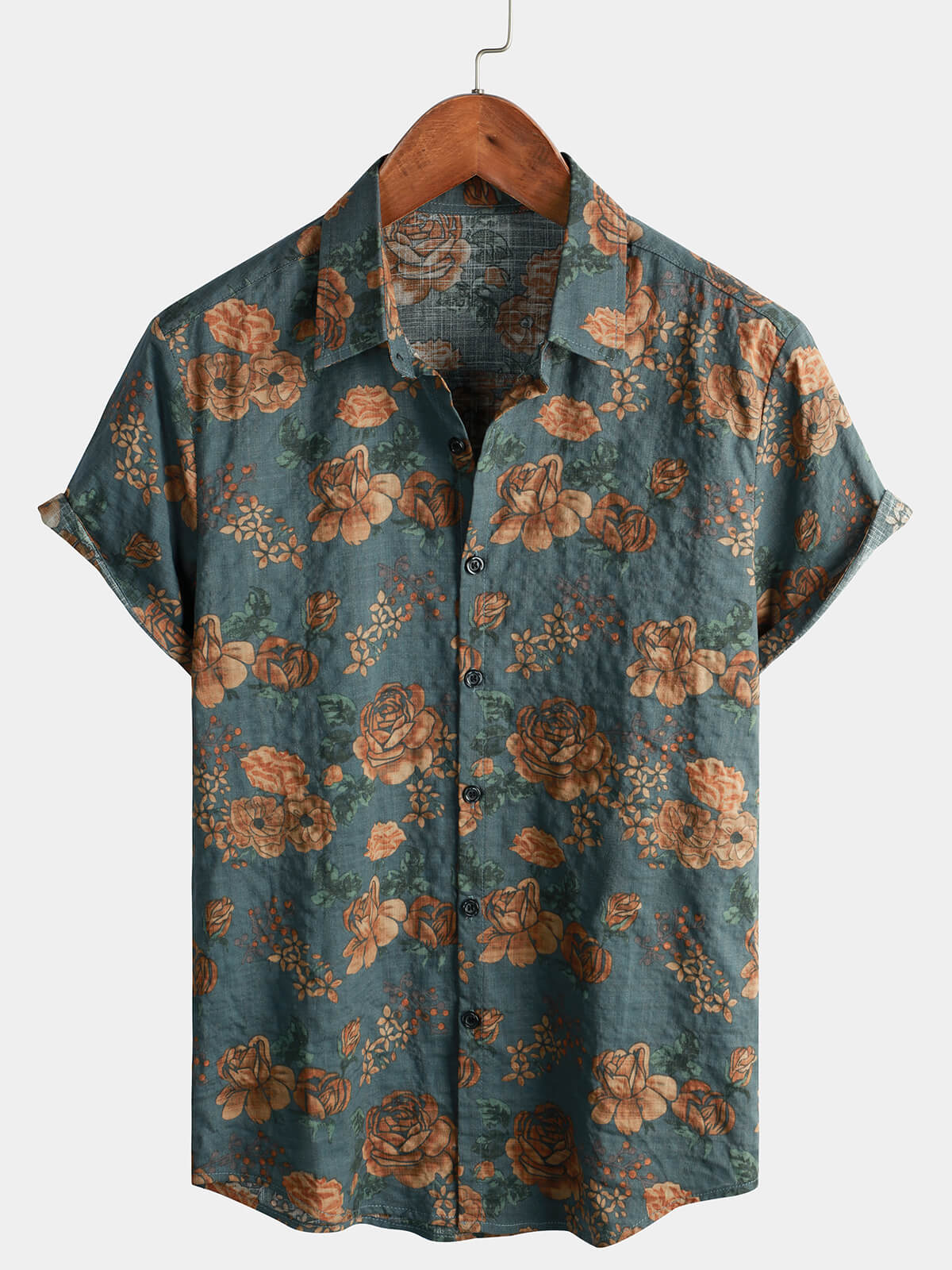 Men's Vintage Floral Retro Button Up Blue Summer Holiday Short Sleeve 