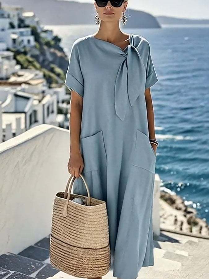 Women'S Solid Color Loose Cotton And Linen Pocket Dress