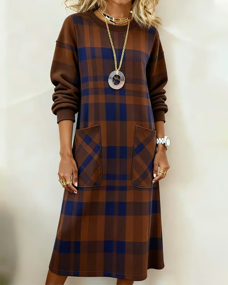 Plaid Print Pocket Shift Dress