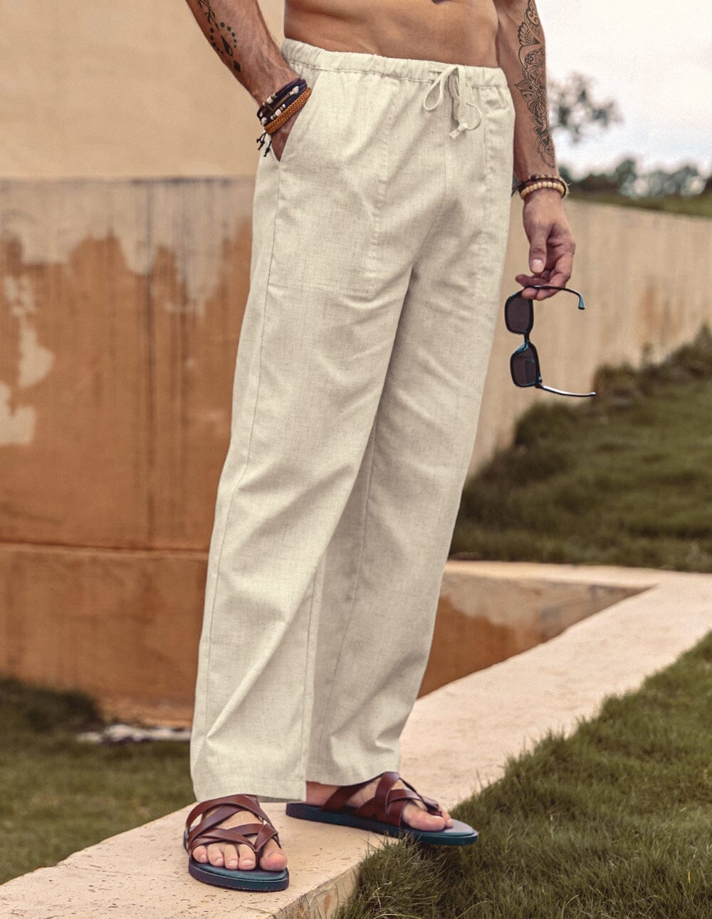 Linen Style Elastic Waist Yoga Pants 