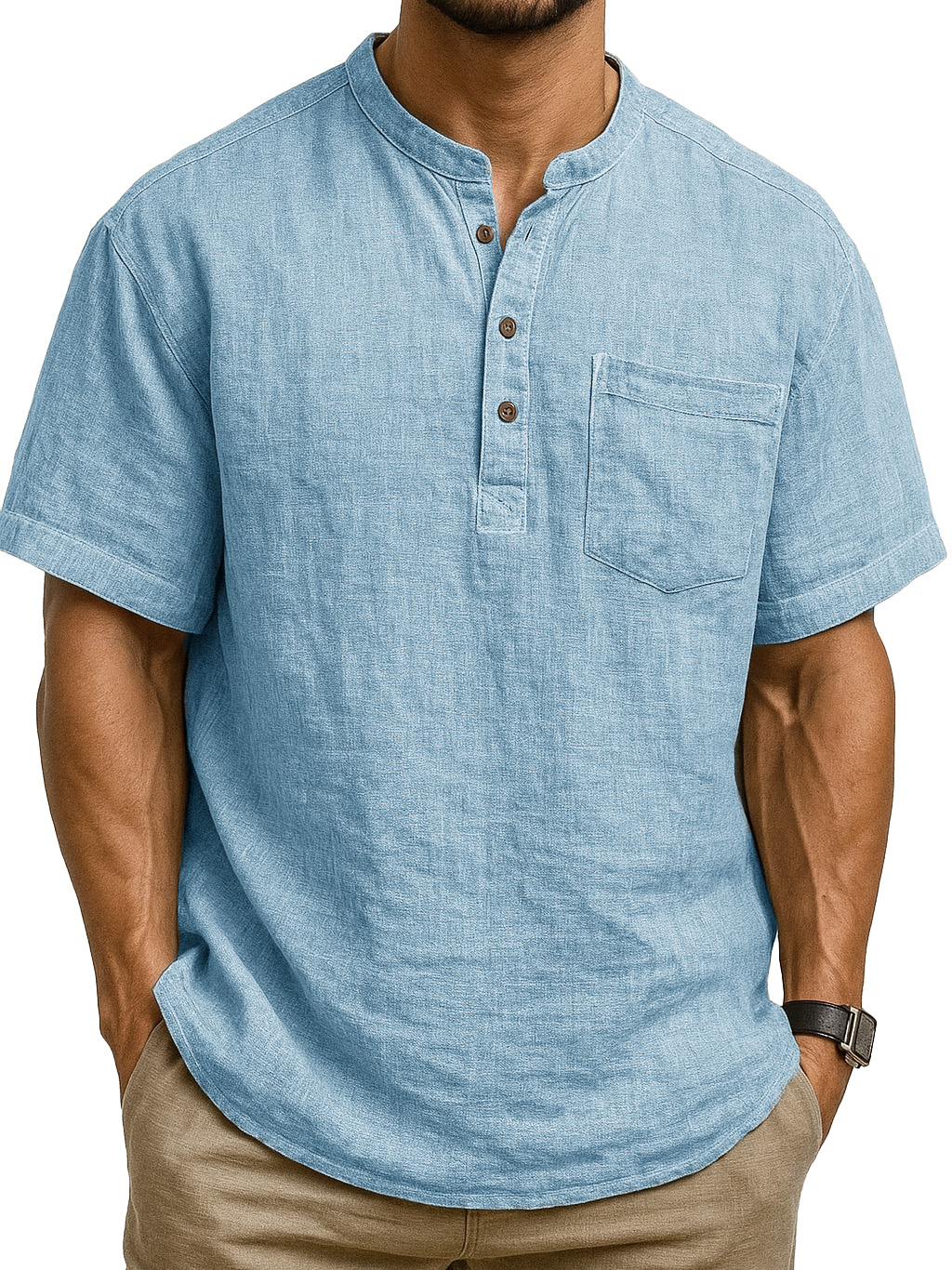 Men's Fashion Retro Ramie Fabric Pocket Short-sleeved Henley Shirt
