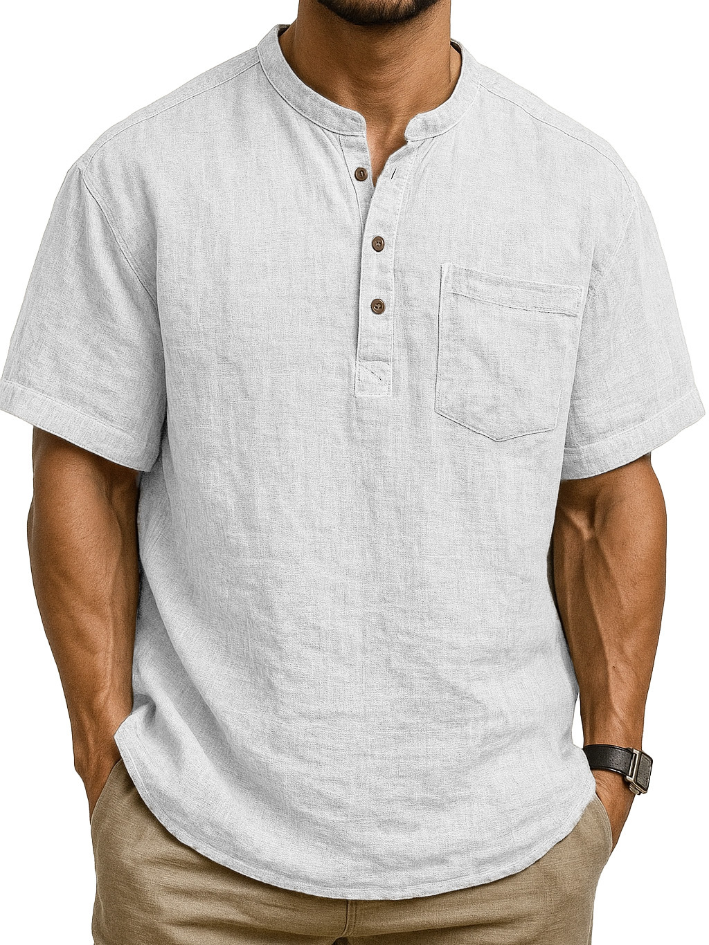 Men's Fashion Retro Ramie Fabric Pocket Short-sleeved Henley Shirt