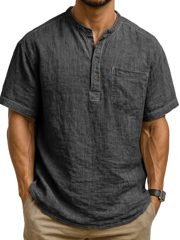 Men's Fashion Retro Ramie Fabric Pocket Short-sleeved Henley Shirt