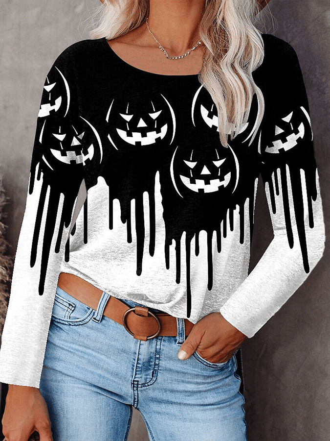 Drip Grin Halloween Pumpkin Long Sleeve Tee