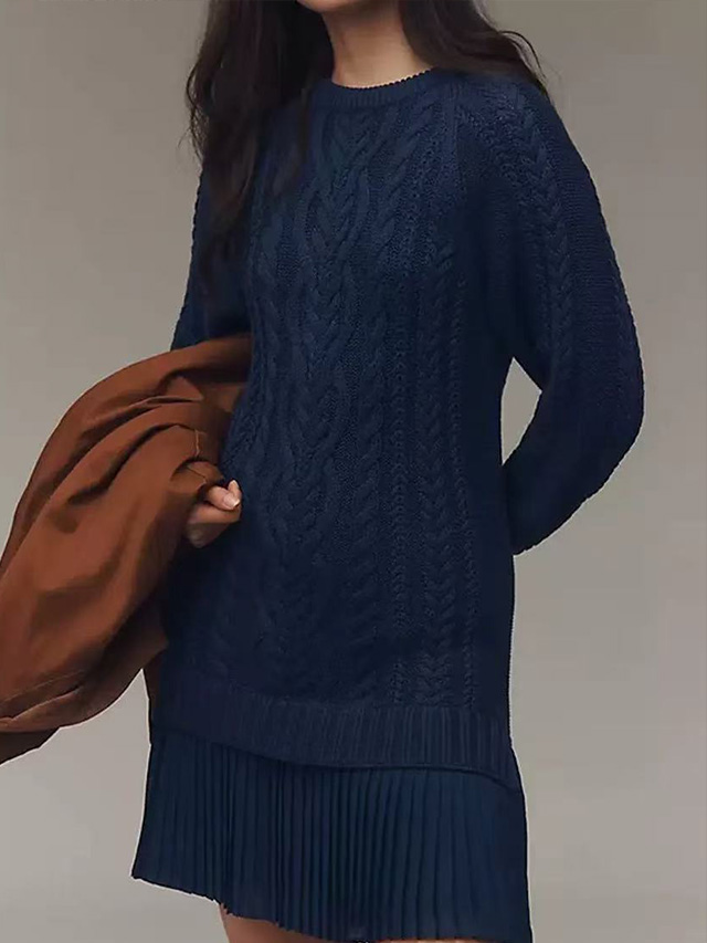 Women Crewneck Cable Knit Sweater Mini Dress