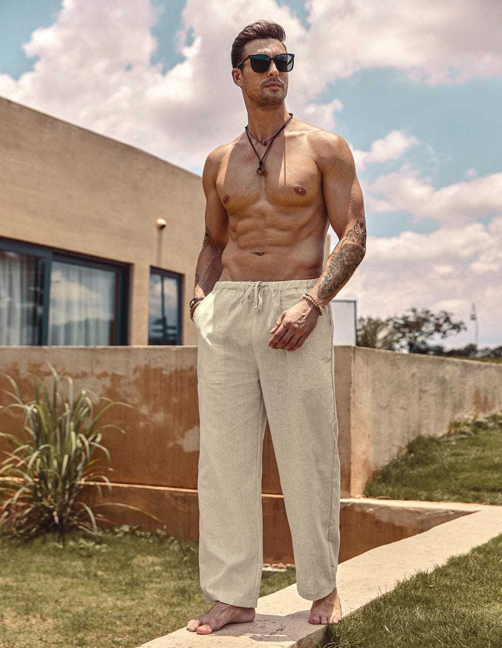 Linen Style Elastic Waist Yoga Pants 