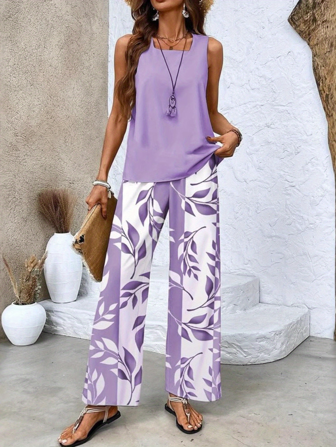 Green Plant Print Square Neck Two Piece Set