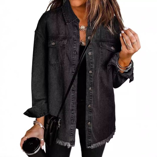 Women's Casual Denim Button Down Distressed Jacket