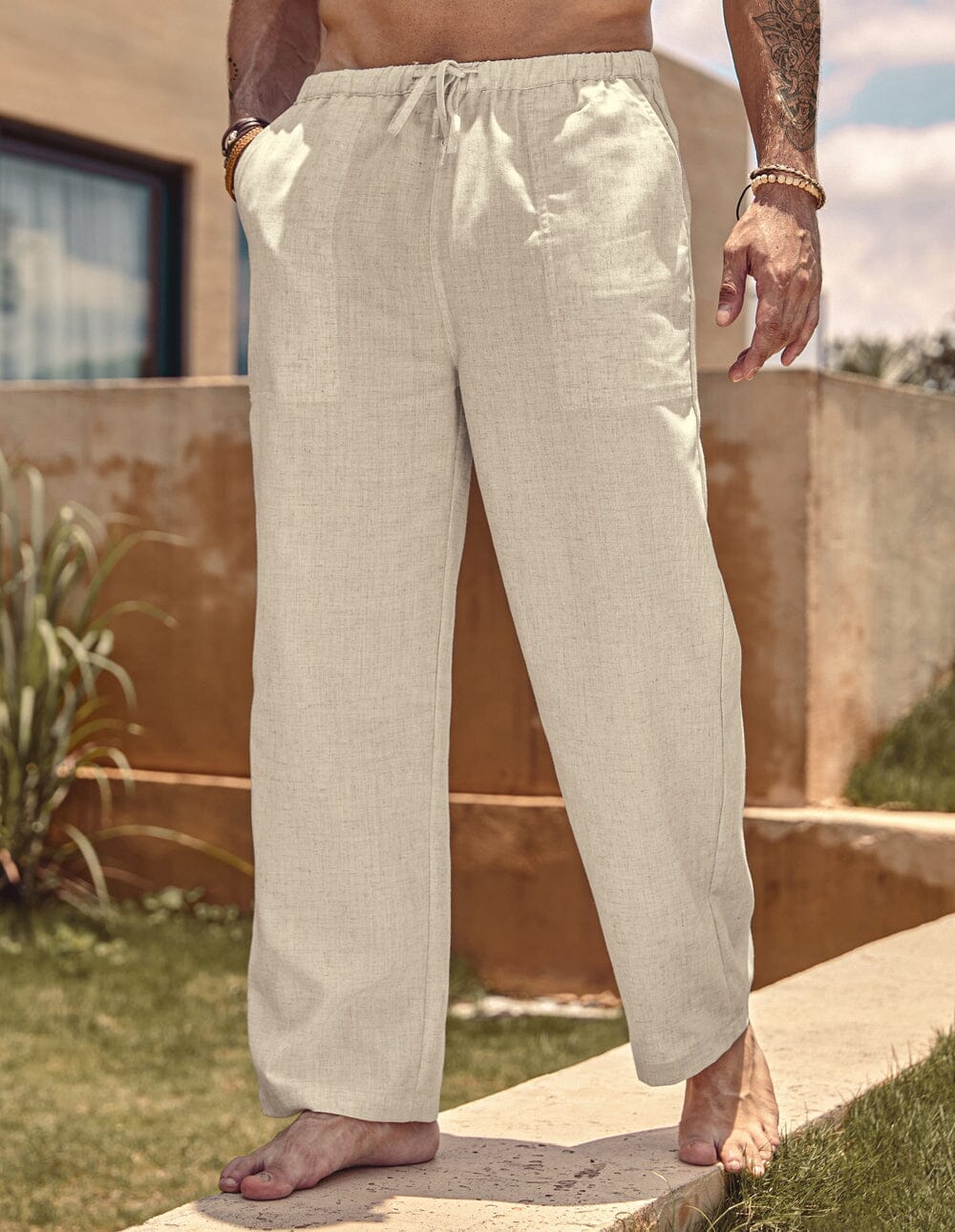 Linen Style Elastic Waist Yoga Pants 