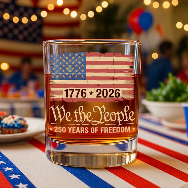 America 250th Birthday US Flag 250 Years We The People Whiskey Glass