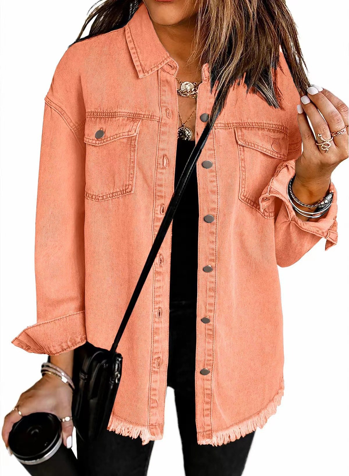 Women's Casual Denim Button Down Distressed Jacket