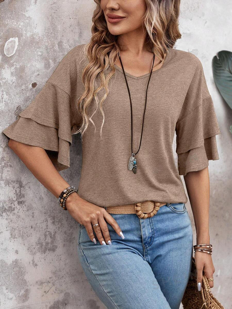 summer solid-color V-neck double-layer sleeve loose short-sleeve T-shirt