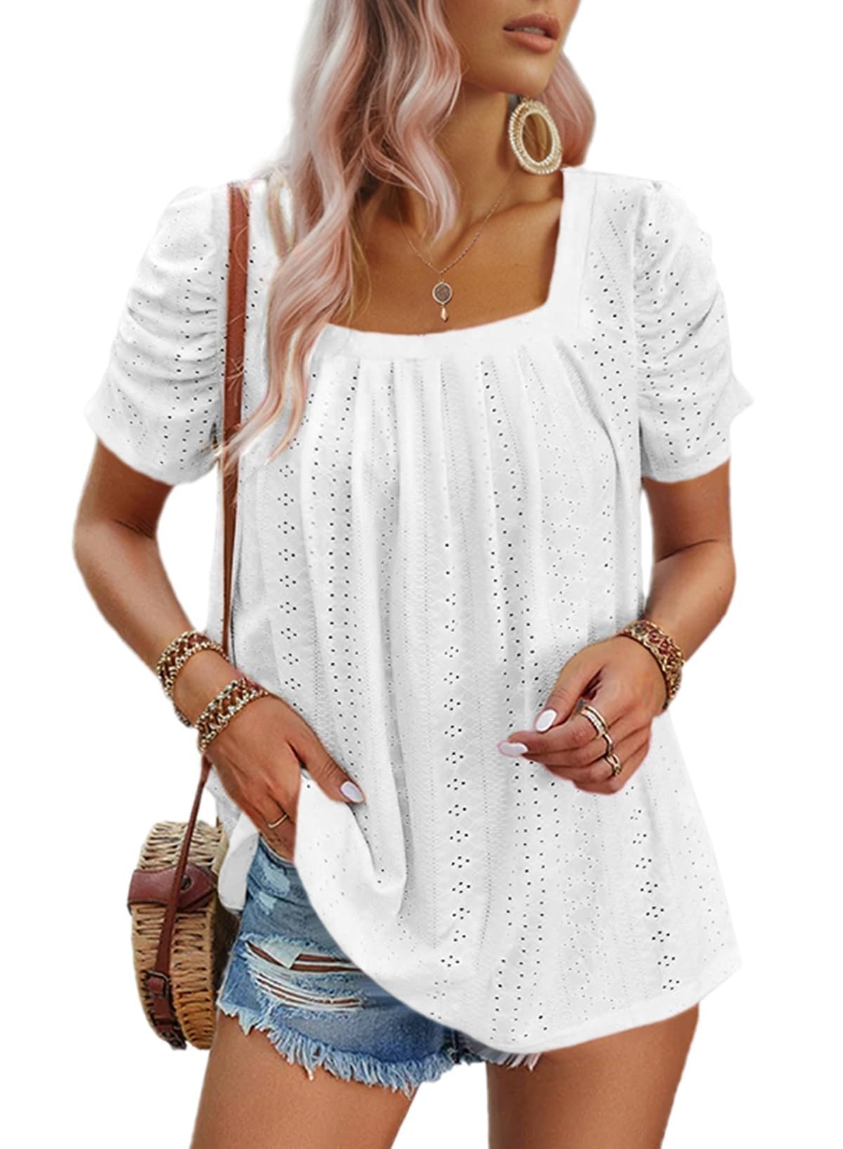 ✨Women's Hollow Pleated Short Sleeves Square Neck Knit T Shirts Tops(B