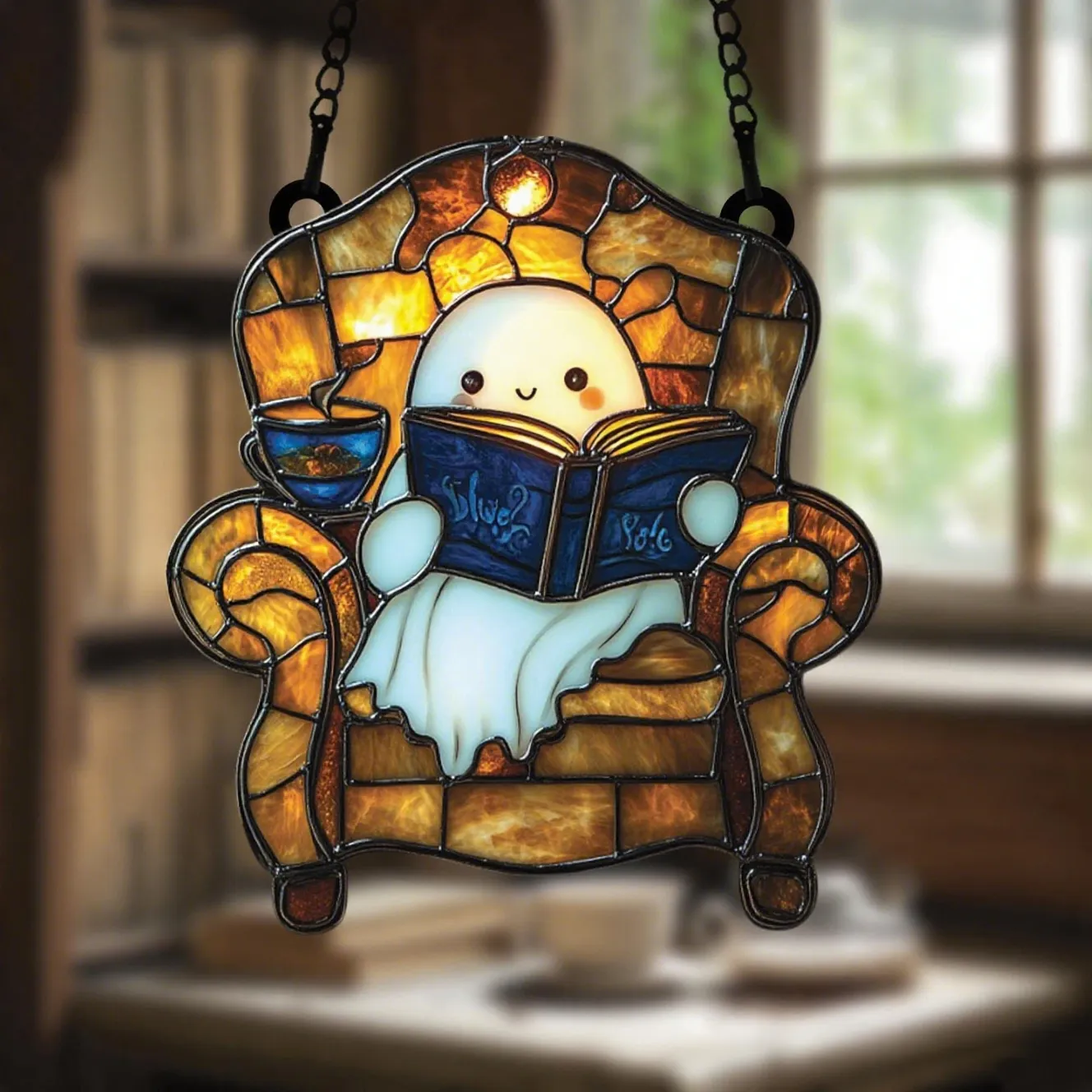 👻📚Ghost Reading Book Suncatcher Hanging Decor