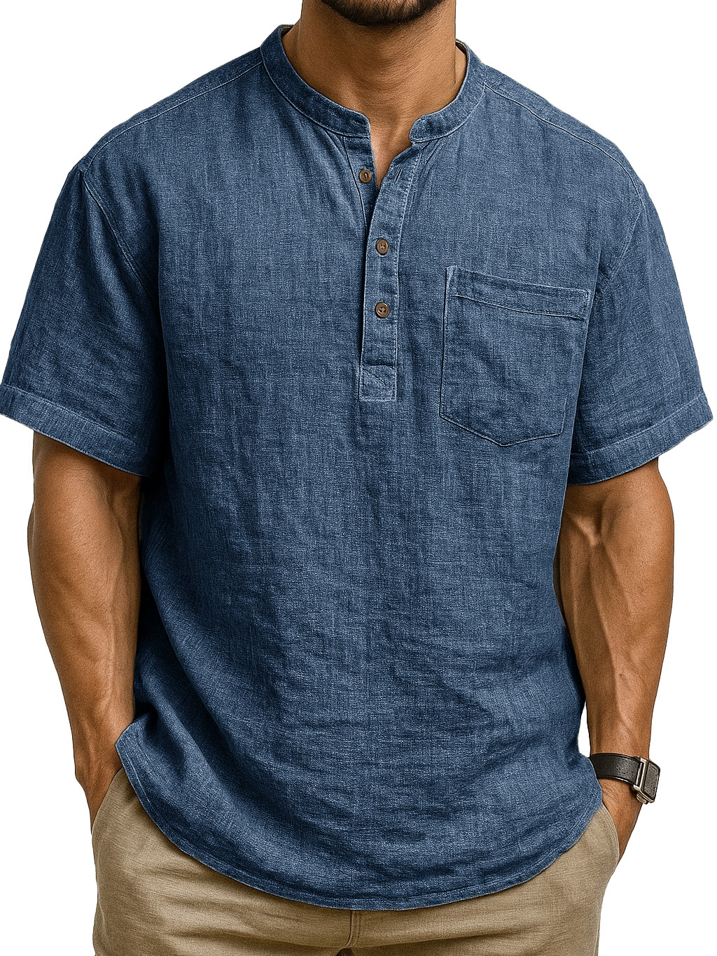Men's Fashion Retro Ramie Fabric Pocket Short-sleeved Henley Shirt