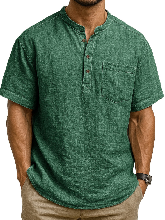 Men's Fashion Retro Ramie Fabric Pocket Short-sleeved Henley Shirt