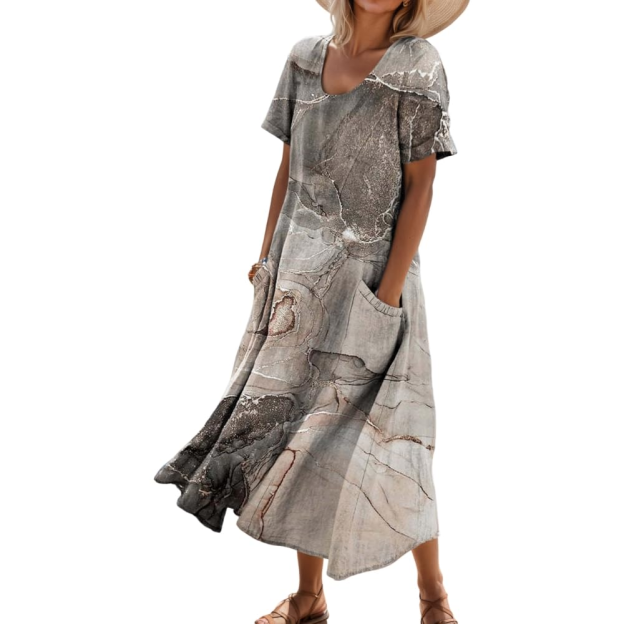 Women's Short-Sleeved Printed Long Dress