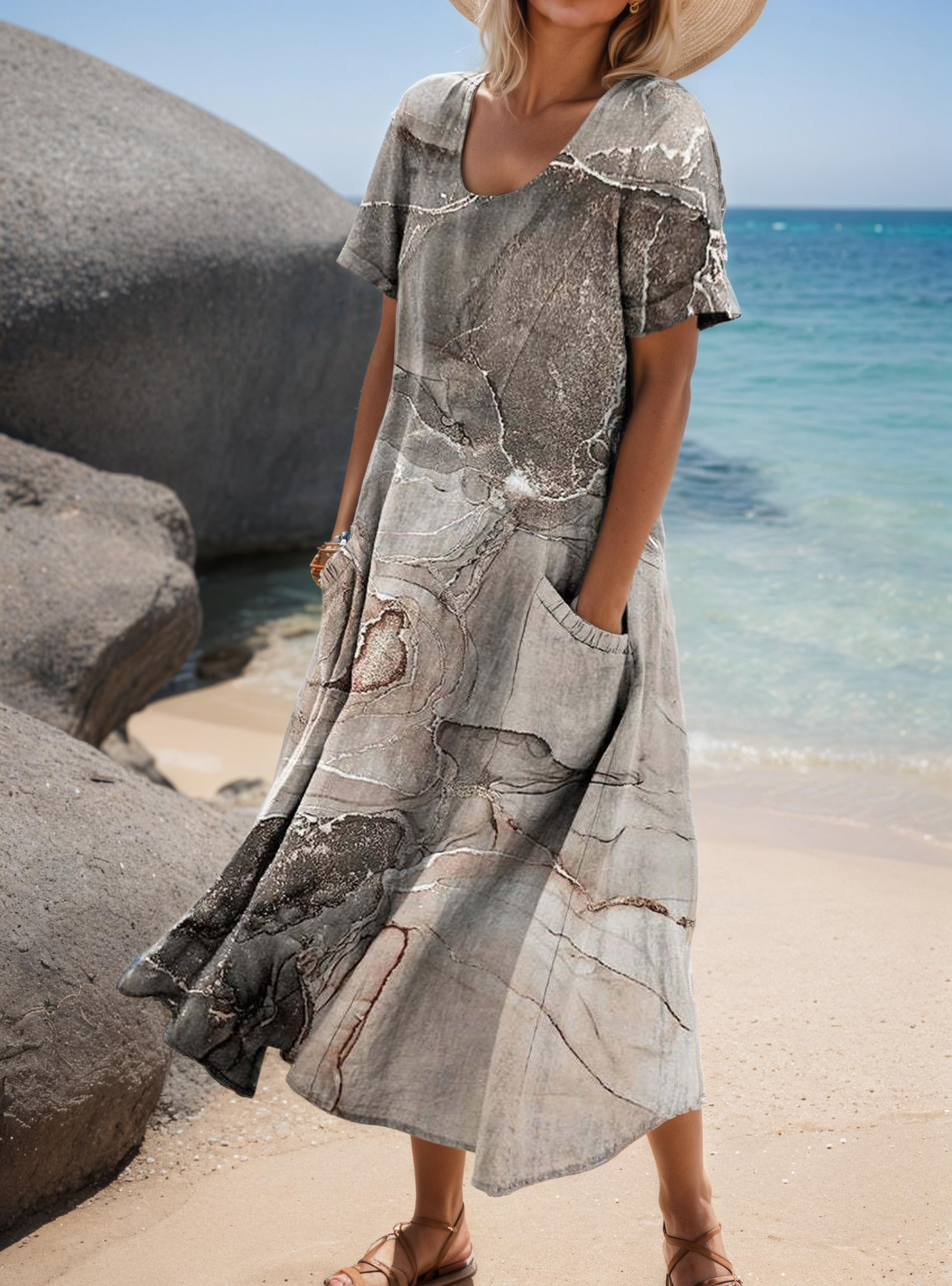 Women's Short-Sleeved Printed Long Dress