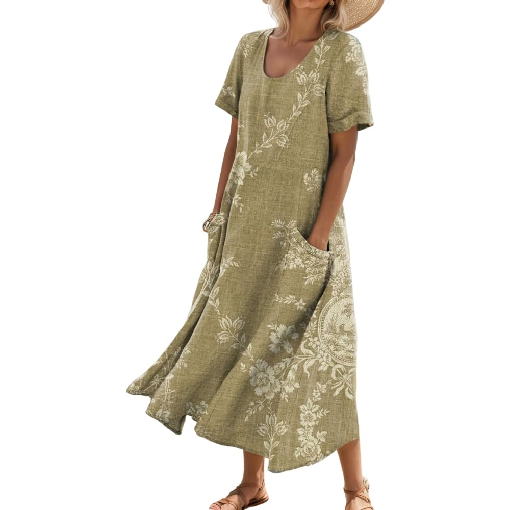 Women's Short-Sleeved Printed Long Dress