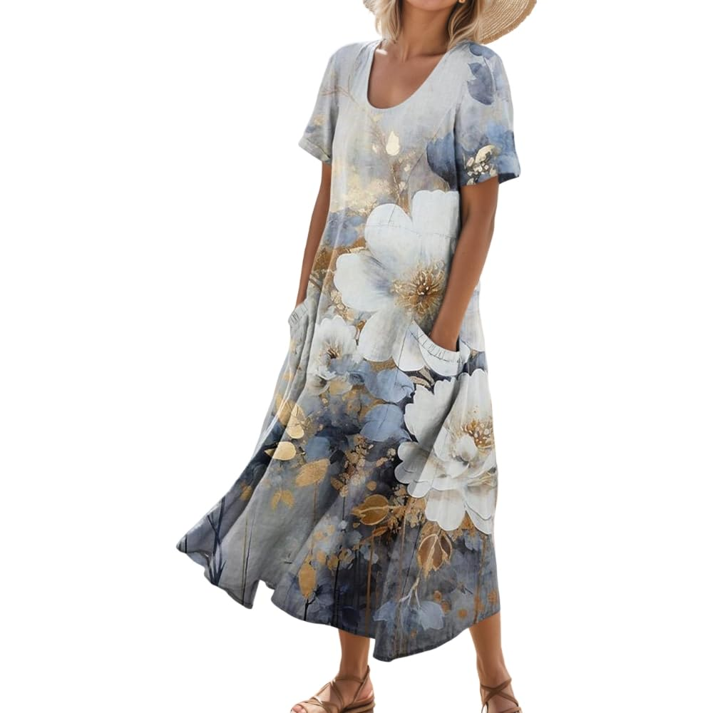 Women's Short-Sleeved Printed Long Dress