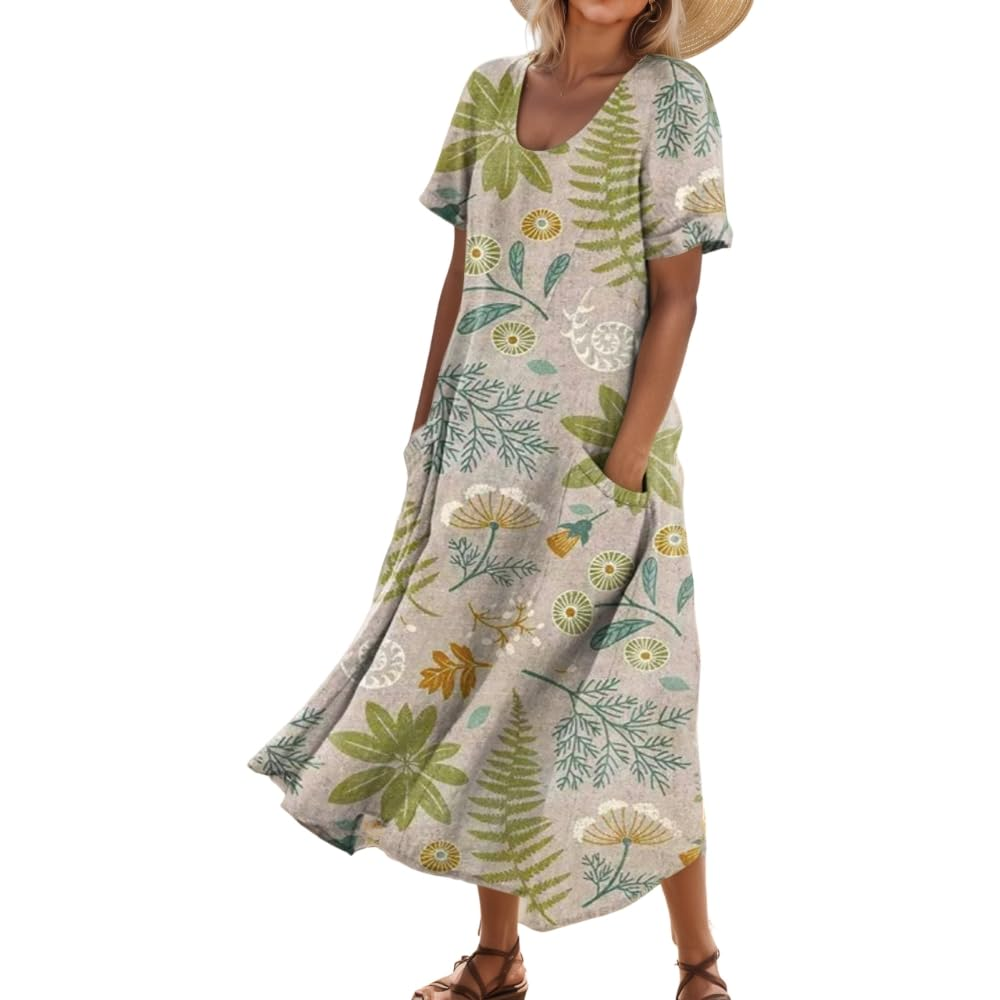 Women's Short-Sleeved Printed Long Dress