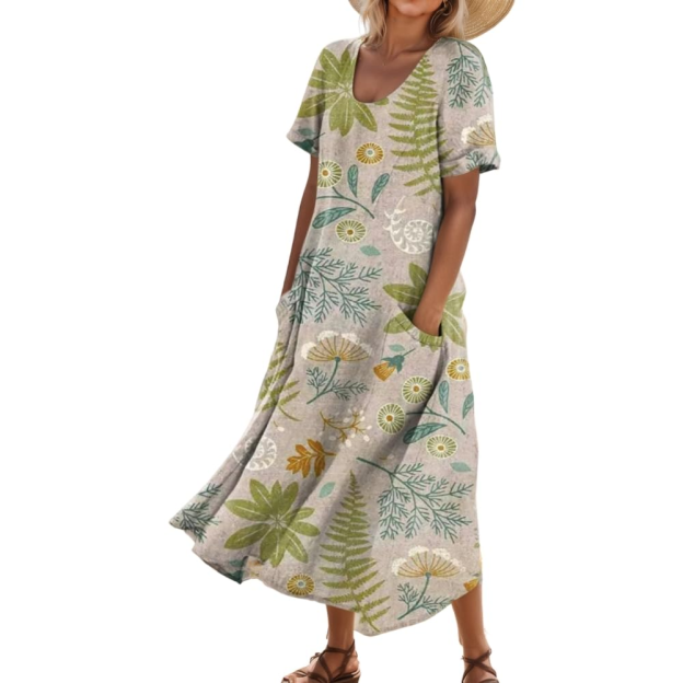 Women's Short-Sleeved Printed Long Dress