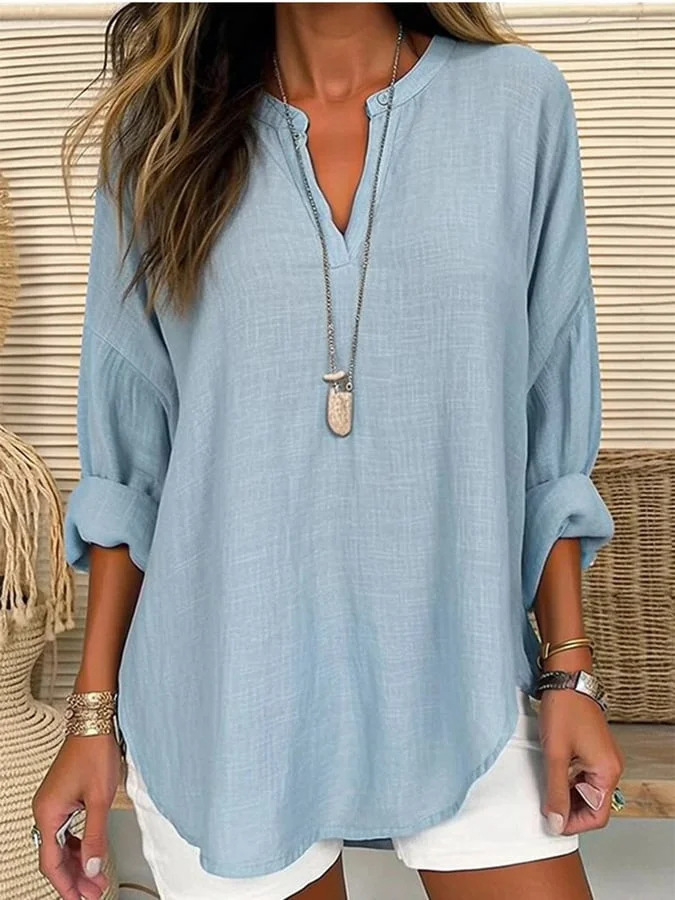Summer Small V-neck Long-sleeved Floral Print Simple Casual Elegant T-shirt