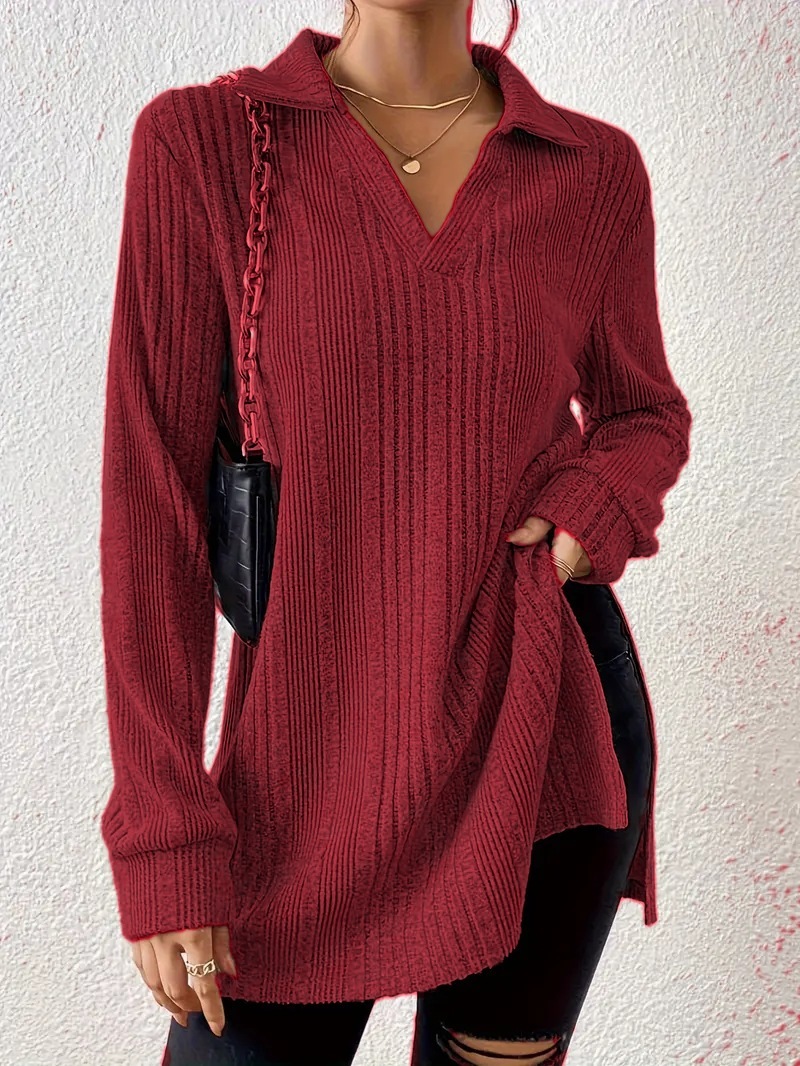 Slit Johnny Collar Long Sleeve Top