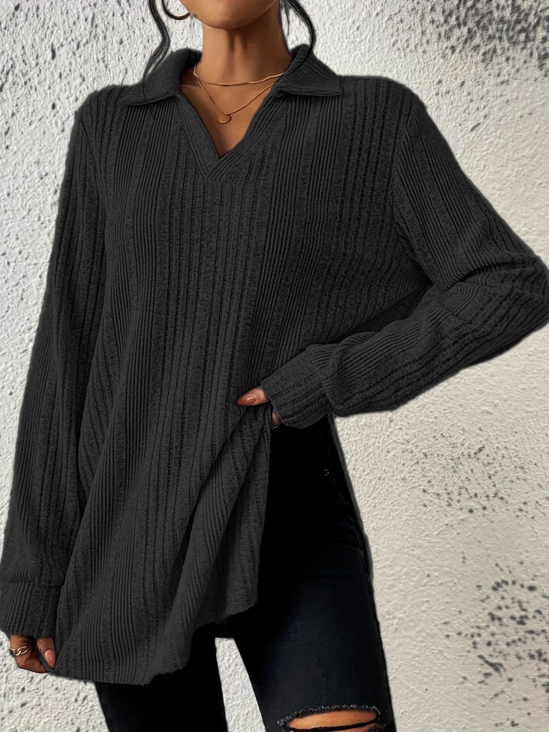 Slit Johnny Collar Long Sleeve Top